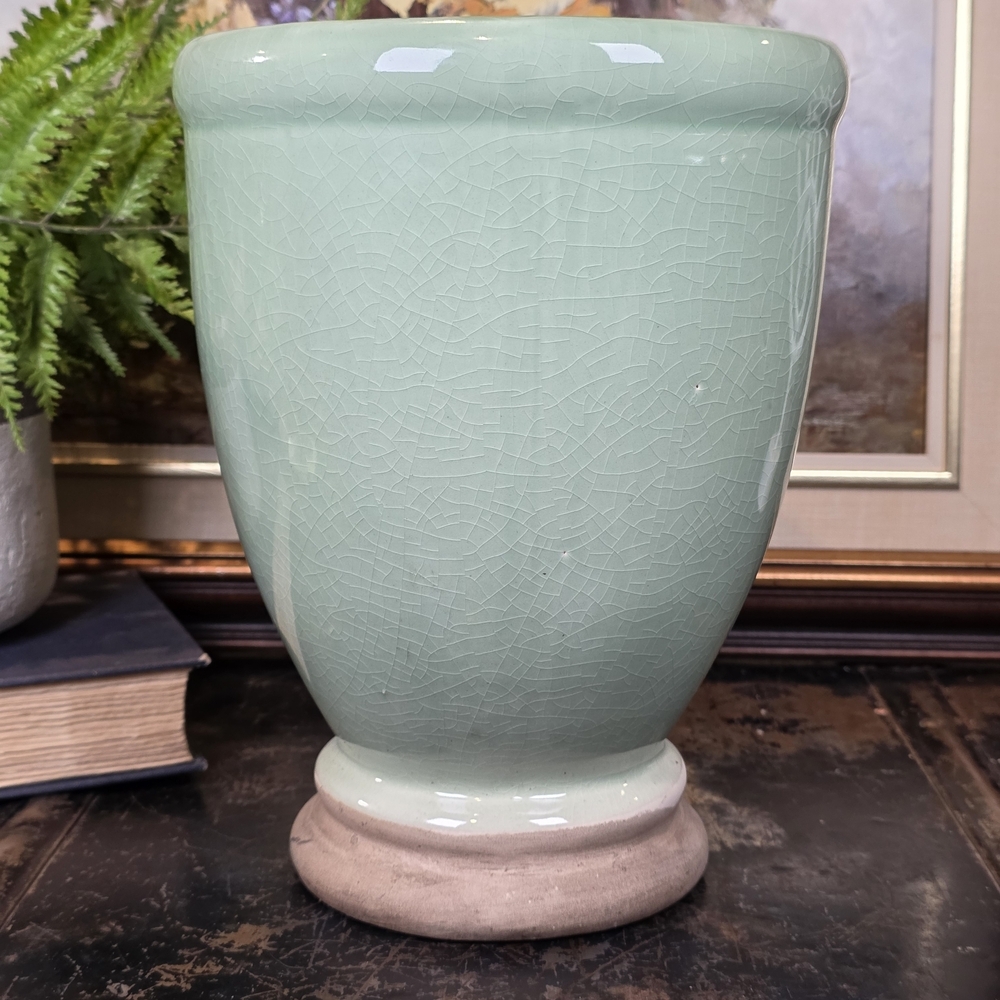 Vintage Celadon Crackle Glaze Planter Plain Chinoiserie Ceramic Cachepot 10.5"
